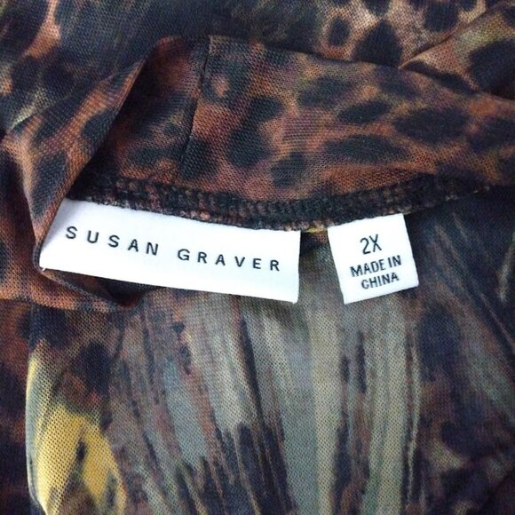 Susan Graver Open Cardigan Topper Kimono Plus Size 2X Sheer Leopard Print Brown - Picture 9 of 9